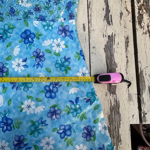 Vintage Y2K Up Front Smocked Mini Dress –‎ Blue Floral Hibiscus Print, Size L - Picture 8 of 11